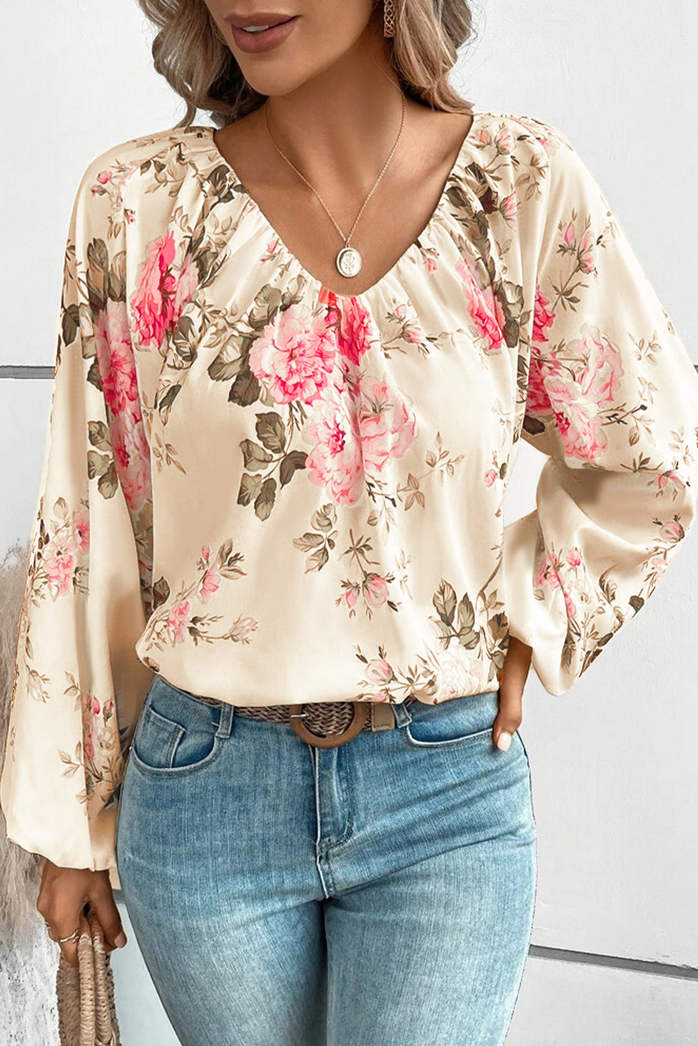 Floral V-Neck Balloon Sleeve Top