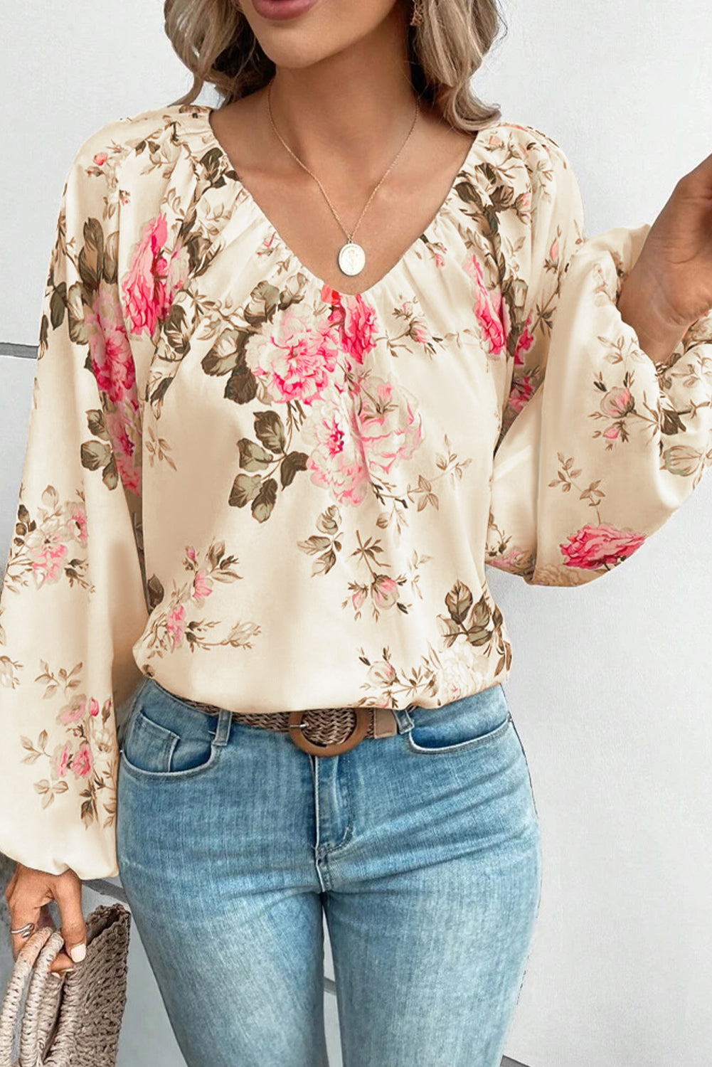 Floral V-Neck Balloon Sleeve Top