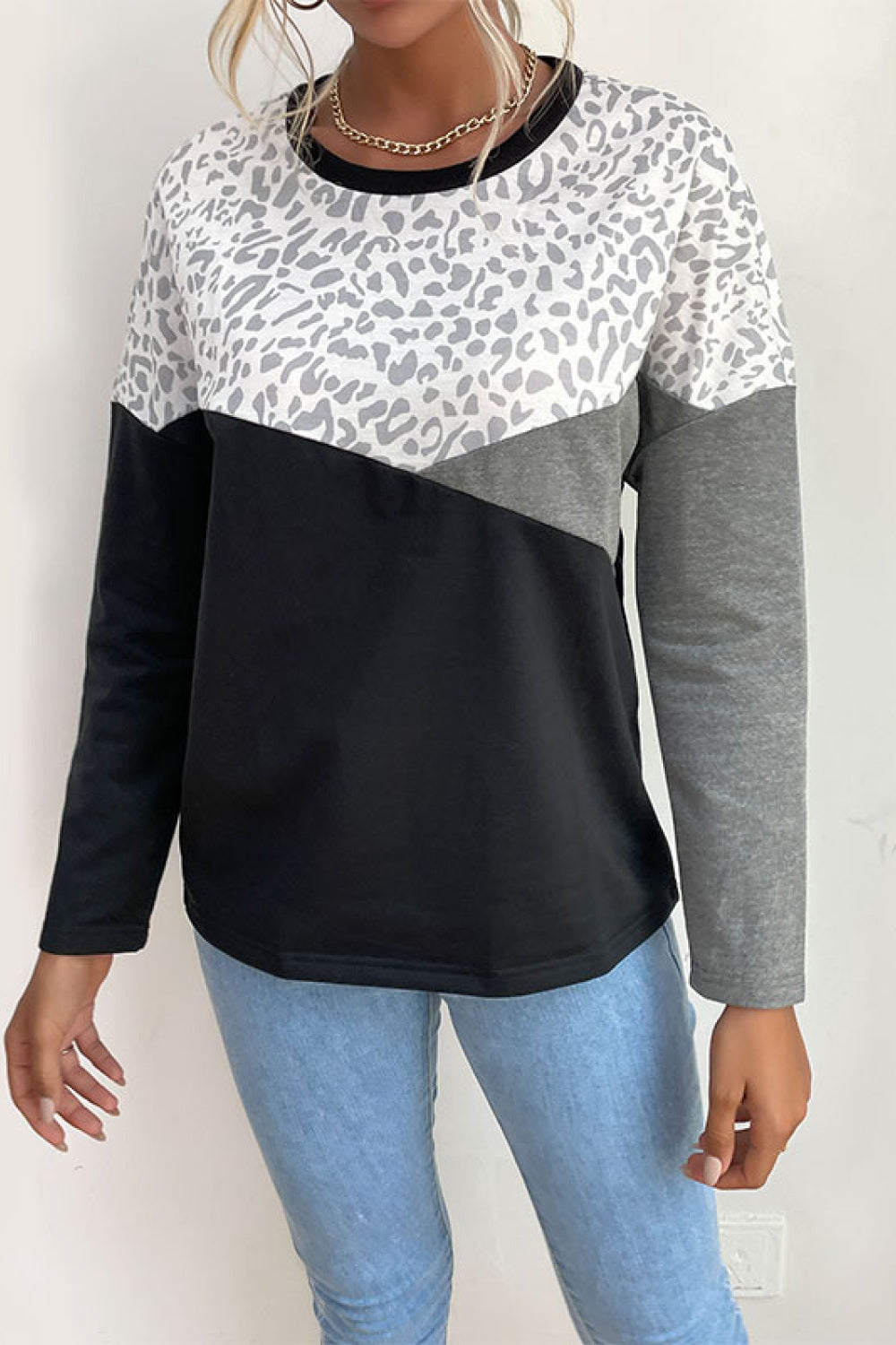 Leopard Color Block Pullover Top