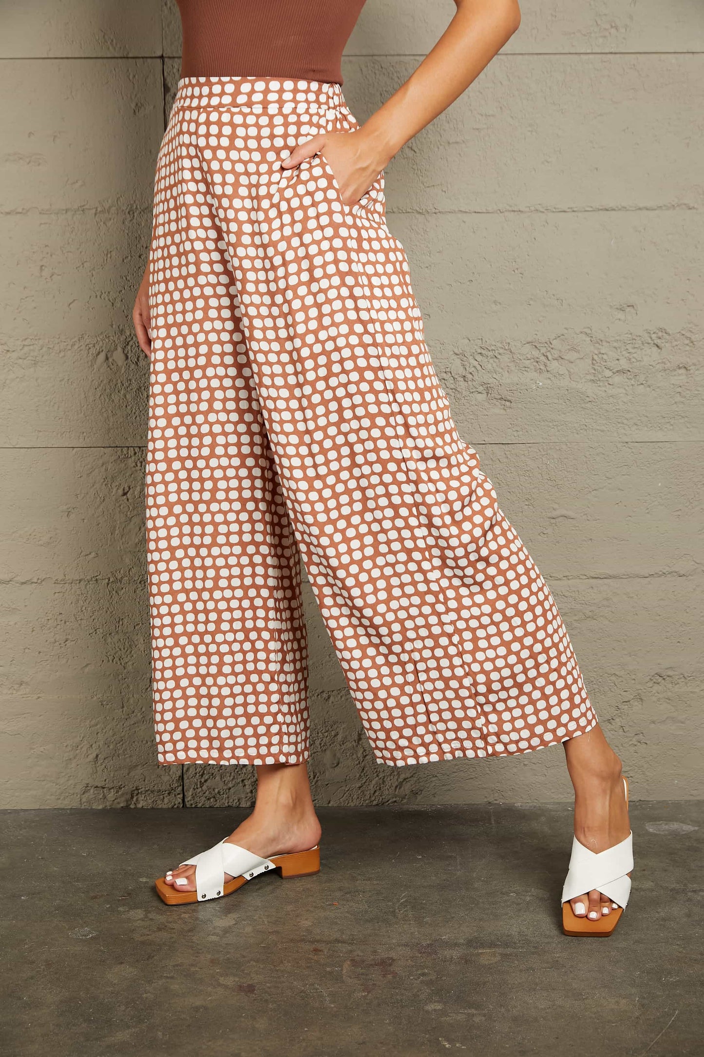 Double Take Polka Dot High Waist Wide Leg Pants with Pockets