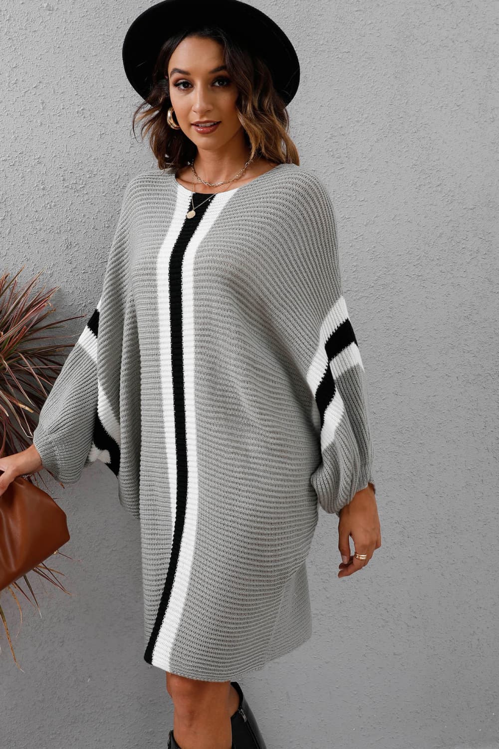 Ribbed Round Neck Long Sleeve Dress