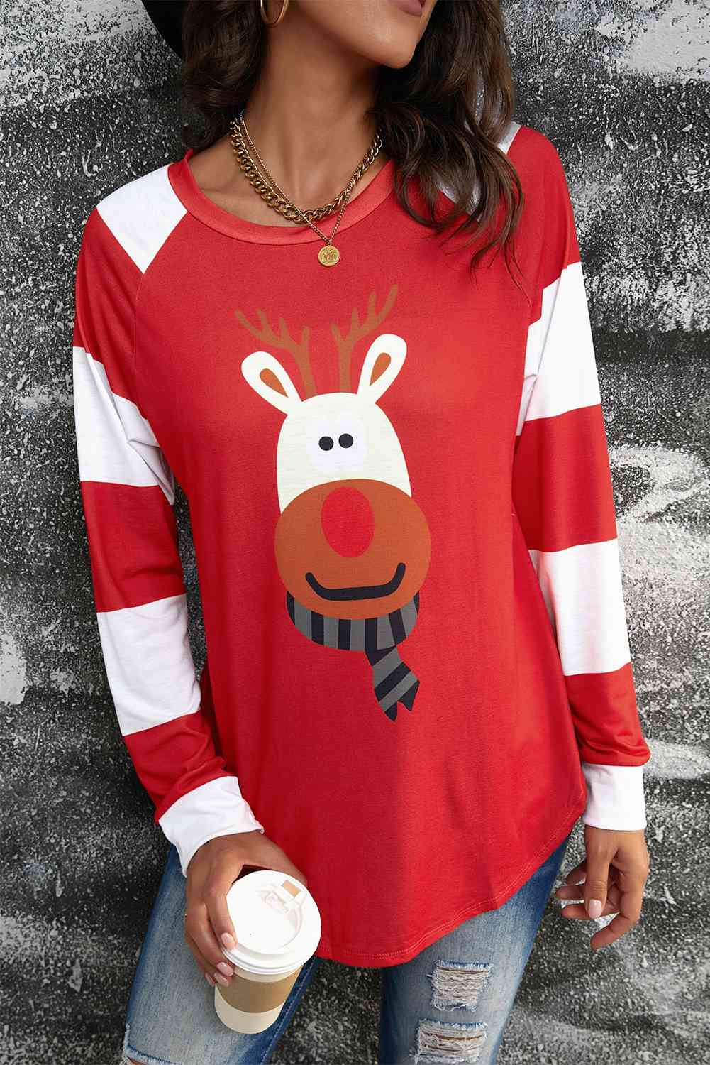 Reindeer Christmas Graphic Raglan Sleeve T-Shirt