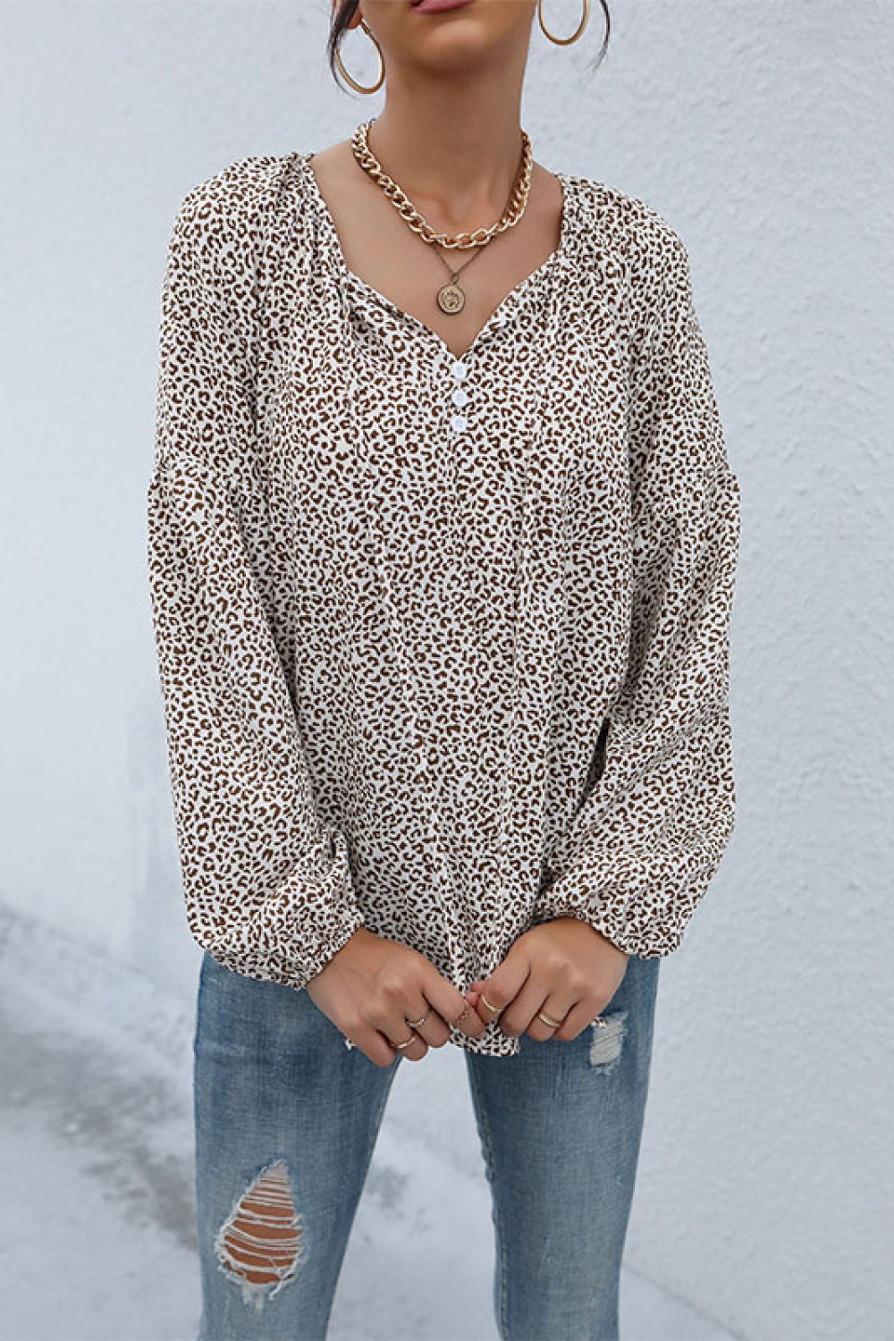 Leopard Print Tie Neck Top