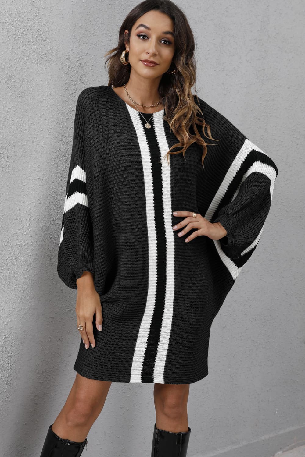 Ribbed Round Neck Long Sleeve Dress