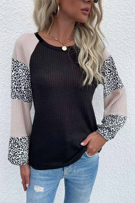 Contrast Leopard Print Waffle Knit Top