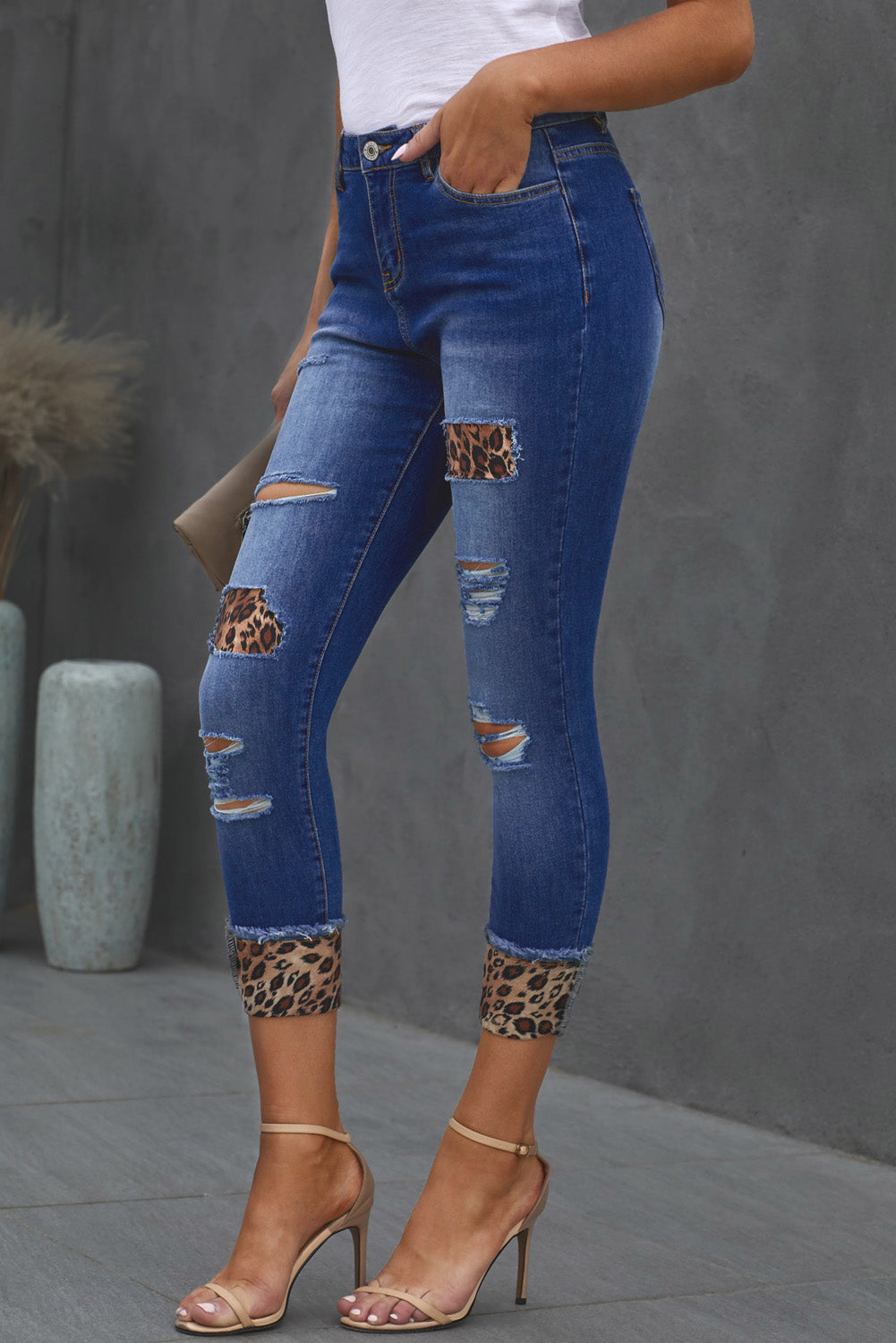 Baeful Leopard Patch Distressed Cropped Jeans/Pants