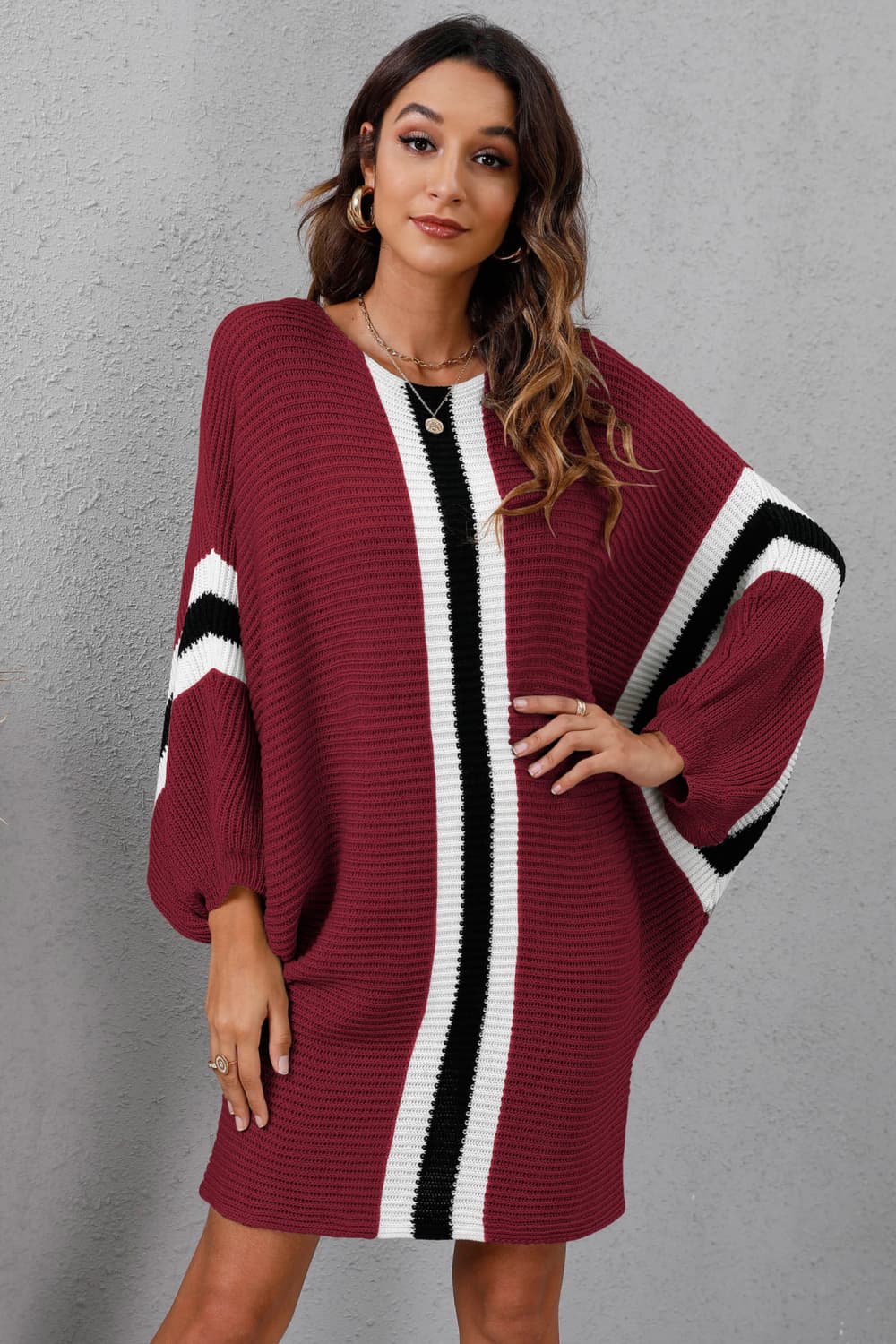 Ribbed Round Neck Long Sleeve Dress