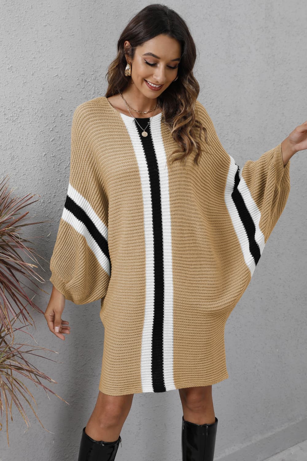 Ribbed Round Neck Long Sleeve Dress