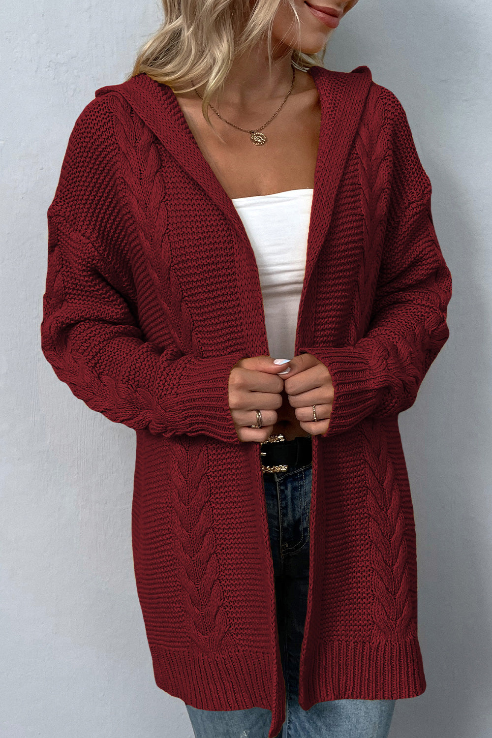 Cable-Knit Dropped Shoulder Hooded Cardigan