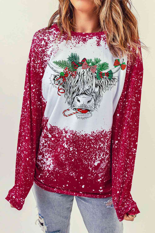 Graphic Round Neck Long Sleeve Christmas Shirt