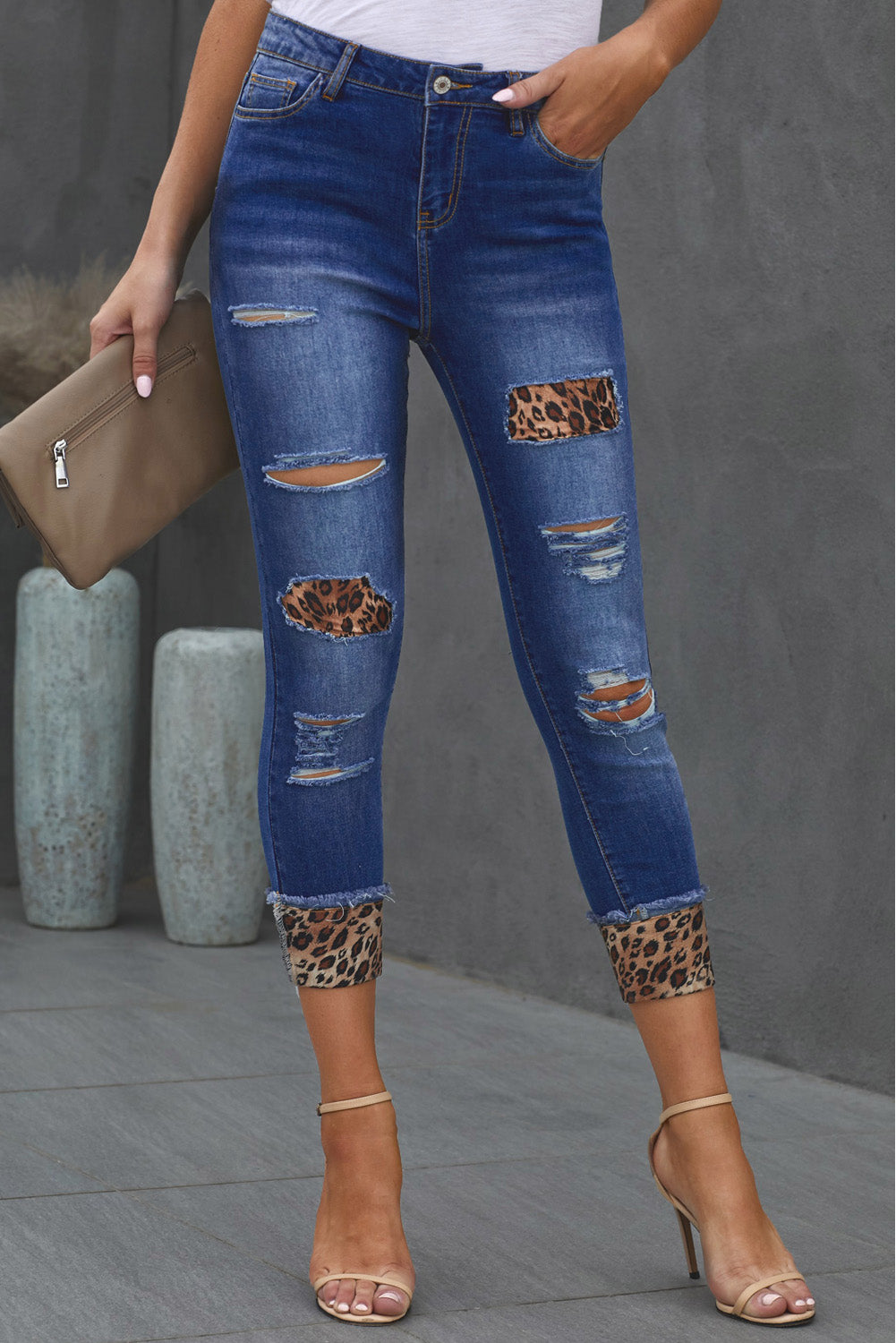 Baeful Leopard Patch Distressed Cropped Jeans/Pants