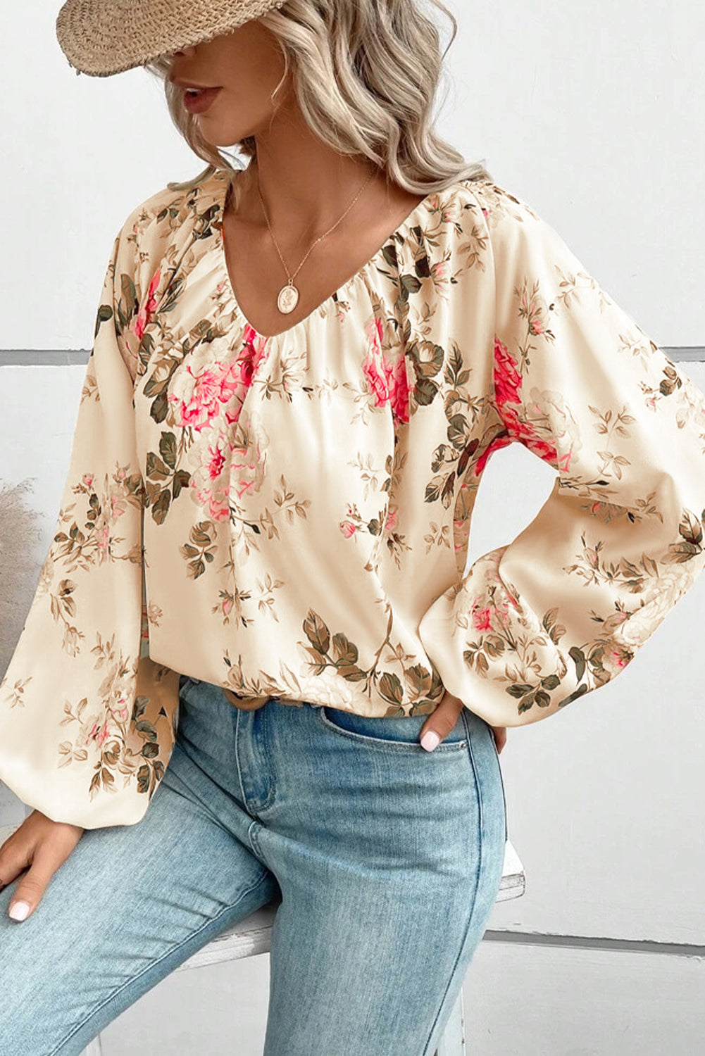 Floral V-Neck Balloon Sleeve Top