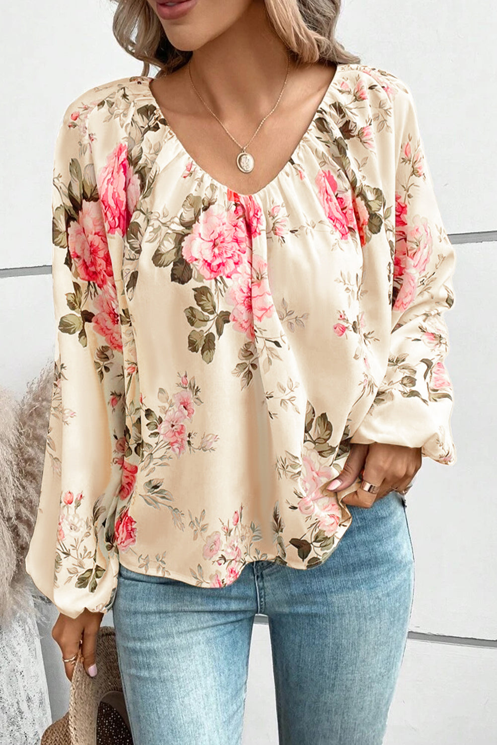 Floral V-Neck Balloon Sleeve Top