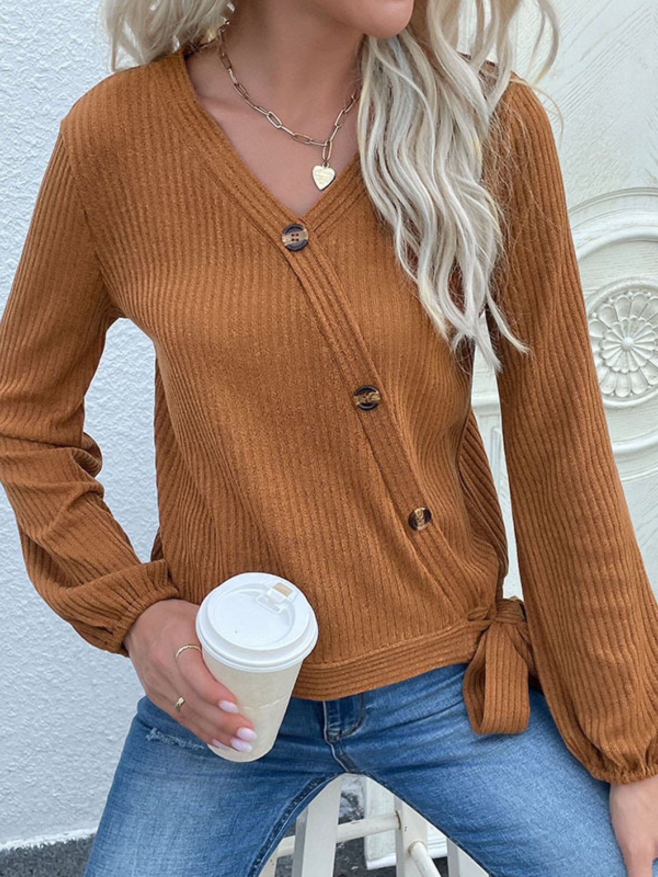 Rib-Knit Asymmetrical Button Top