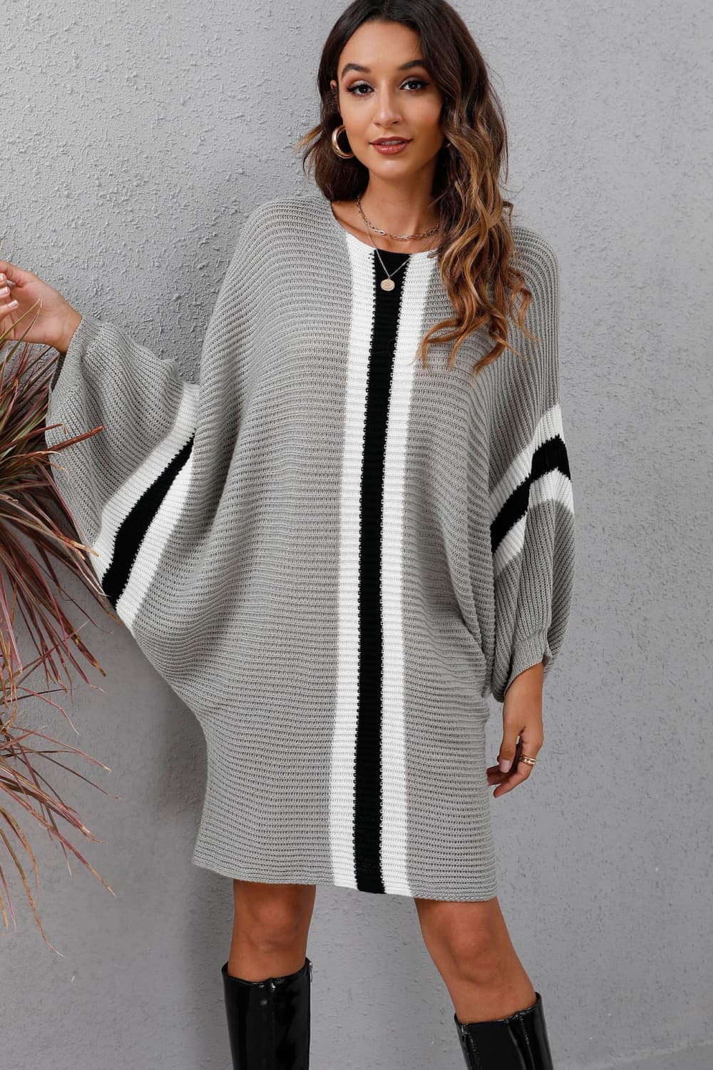 Ribbed Round Neck Long Sleeve Dress