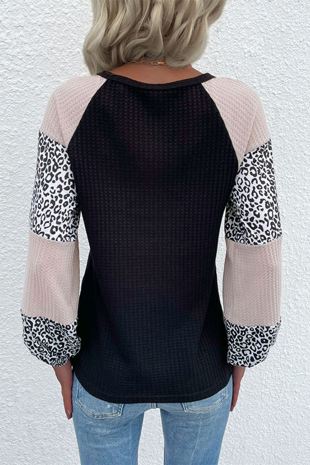 Contrast Leopard Print Waffle Knit Top