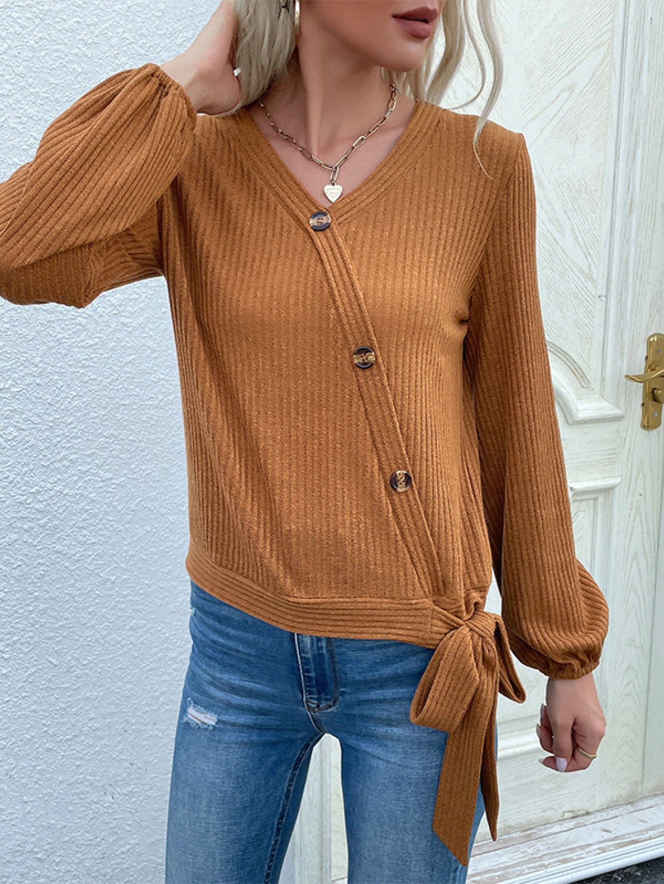 Rib-Knit Asymmetrical Button Top