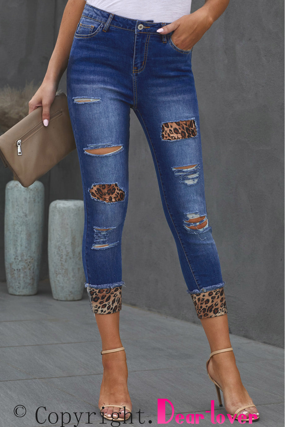 Baeful Leopard Patch Distressed Cropped Jeans/Pants