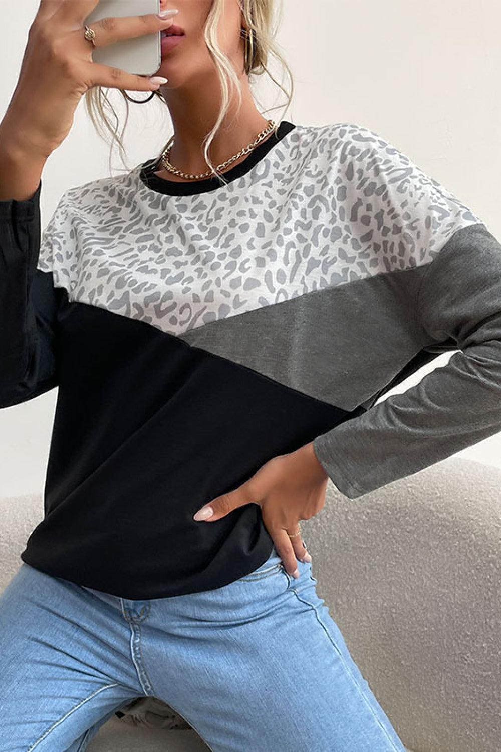 Leopard Color Block Pullover Top