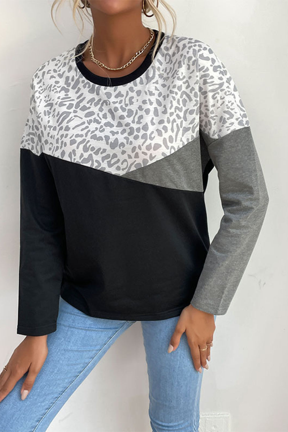 Leopard Color Block Pullover Top